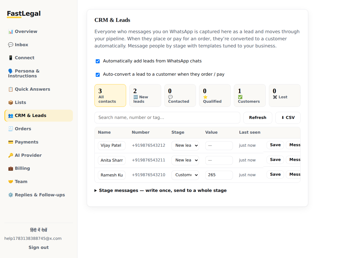 CRM pipeline with stages and contacts